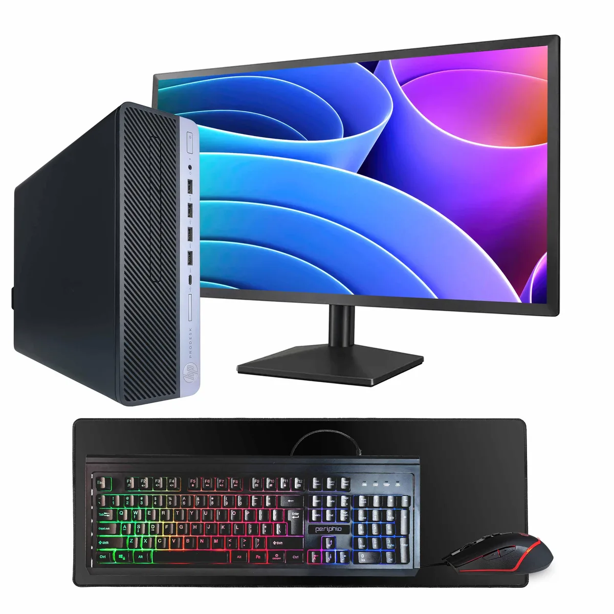 HP ProDesk 600G4 tower in black and silver with 24 inch monitor