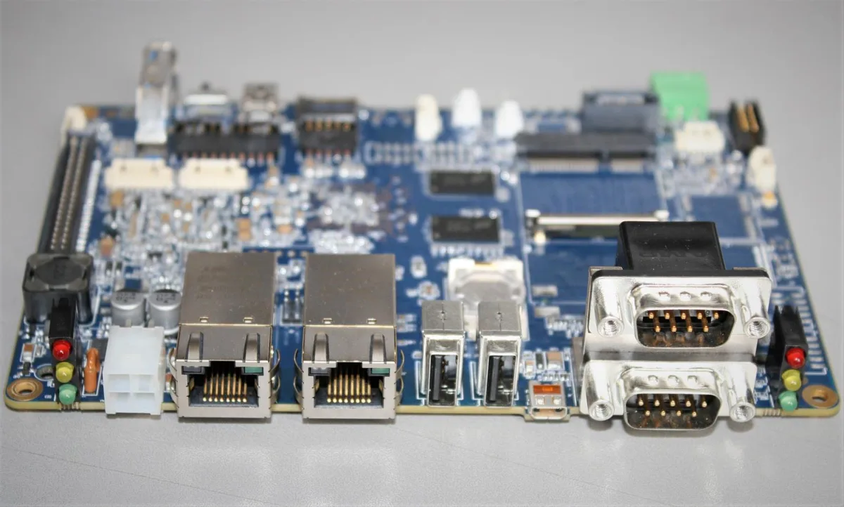 Blue single board computer with integrated graphics and dual LAN ports