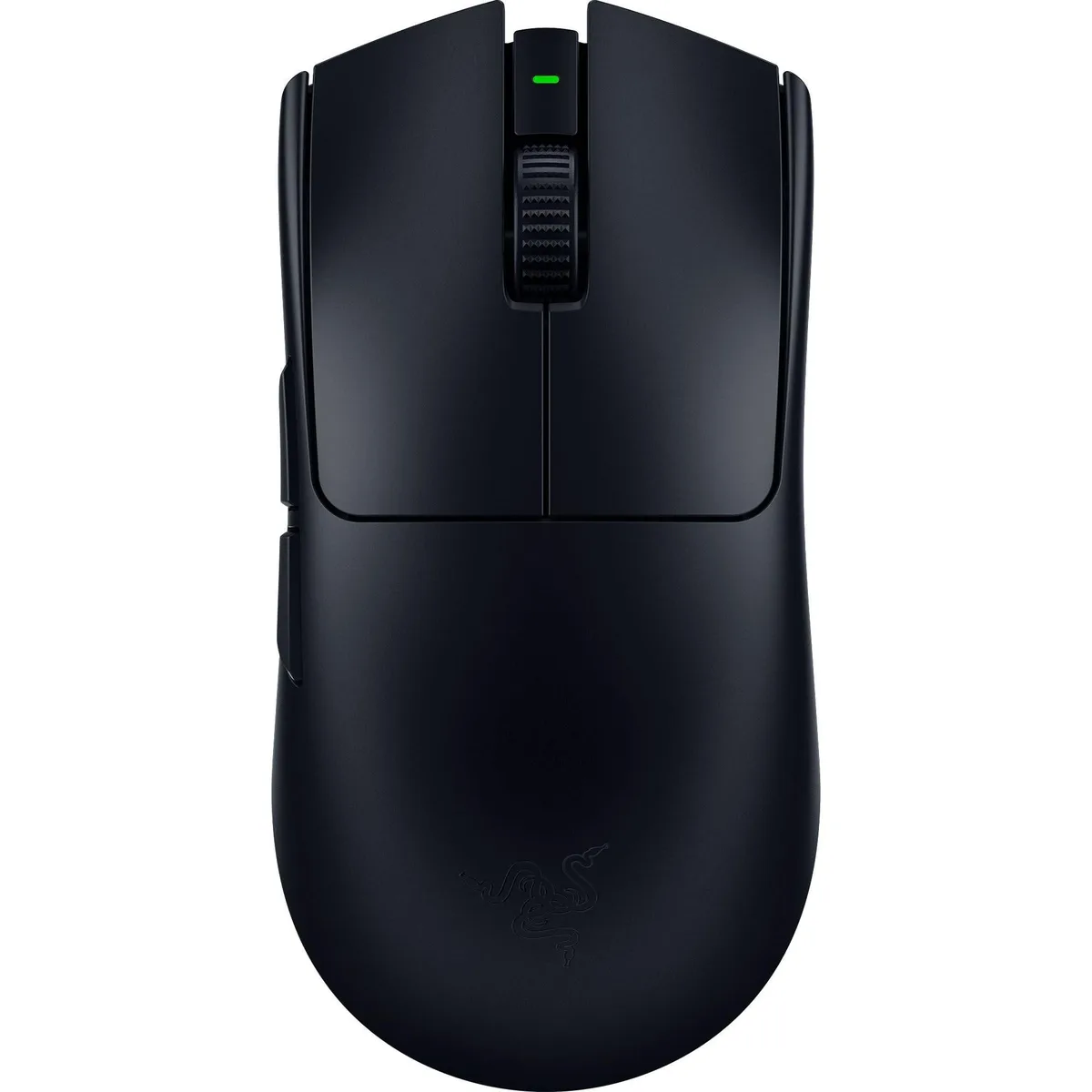 Black symmetrical wireless gaming mouse with smooth matte finish, raised rear hump, USB-C port, large mouse feet