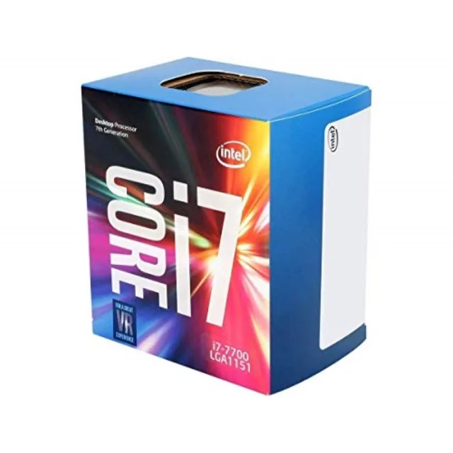 Square green CPU with gold contacts and silver heatspreader labeled Core i7-7700