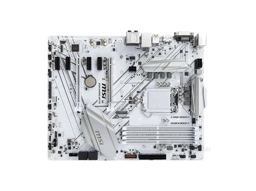 White ATX motherboard with silver heatsinks and black PCB