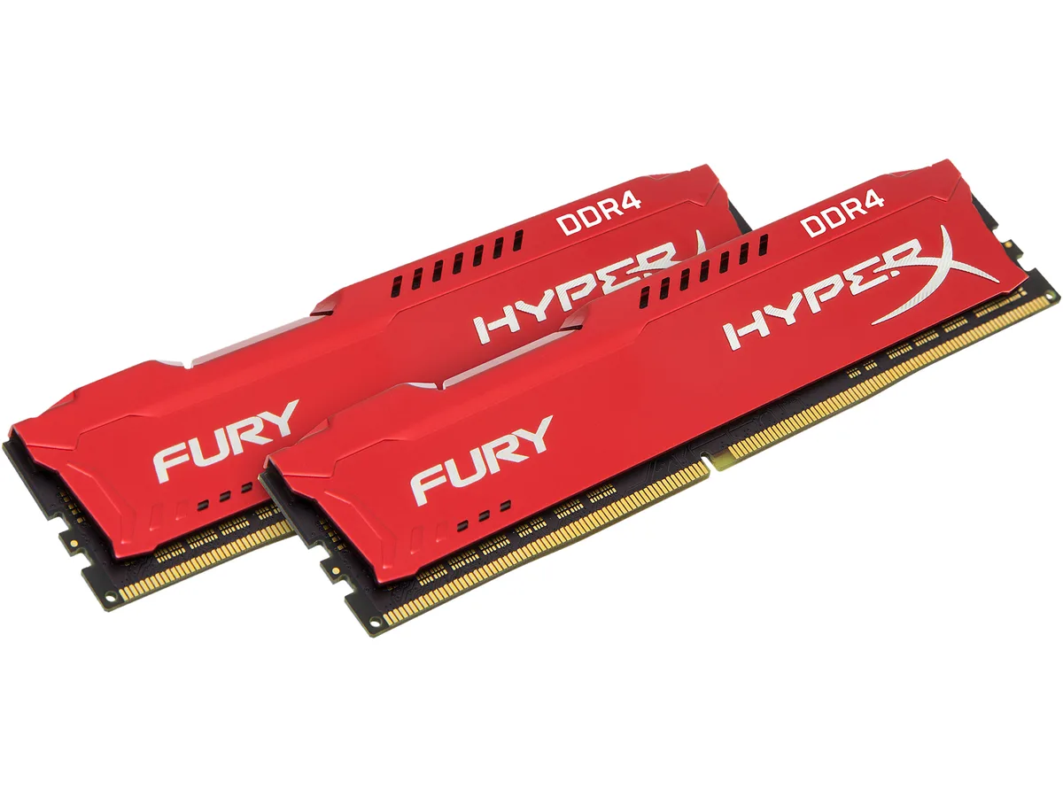 Two red DDR4 DIMMs with low-profile aluminium heat spreaders, 288-pin