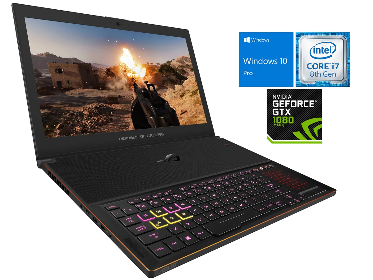 Black 15.6 inch gaming laptop with thin chassis and RGB backlit keyboard