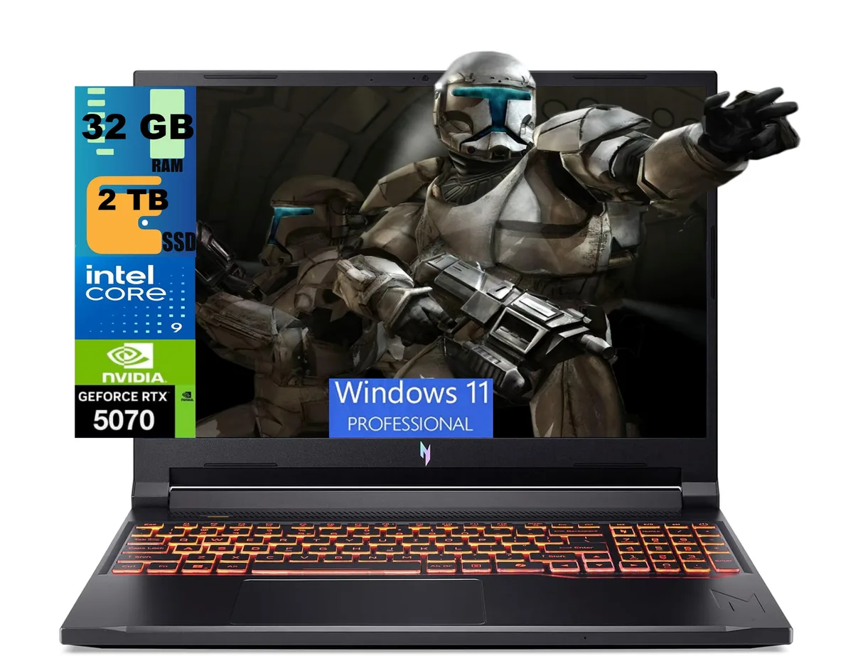Black 16 inch gaming laptop with matte finish and backlit keyboard