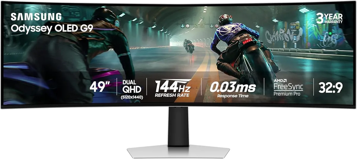 Silver 49 inch curved OLED gaming monitor with height adjustable stand