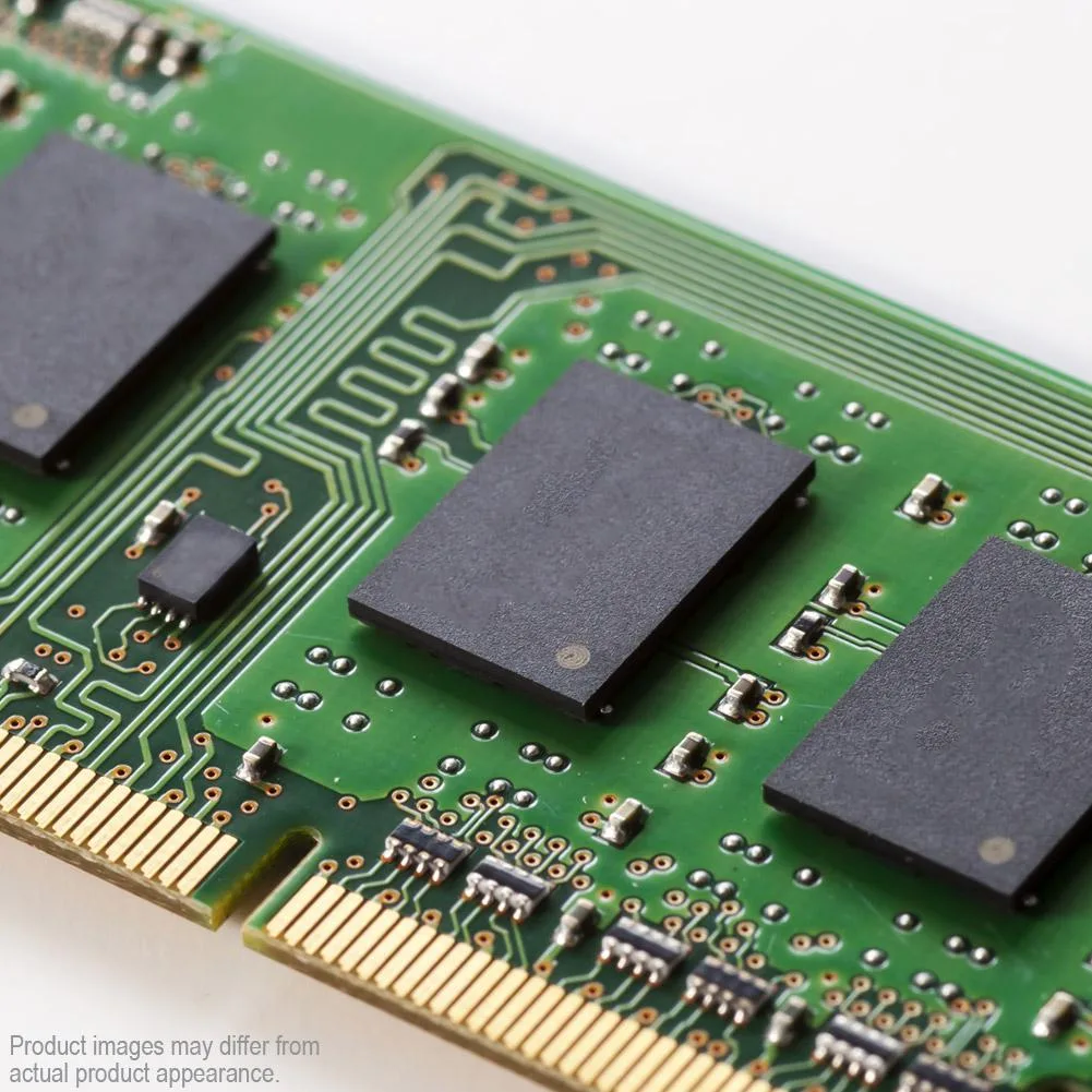 Green rectangular circuit board with black memory chips and gold edge connectors