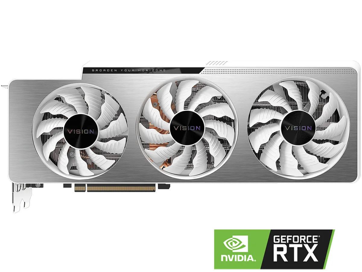 Silver triple-fan graphics card with metal backplate, 320 mm long
