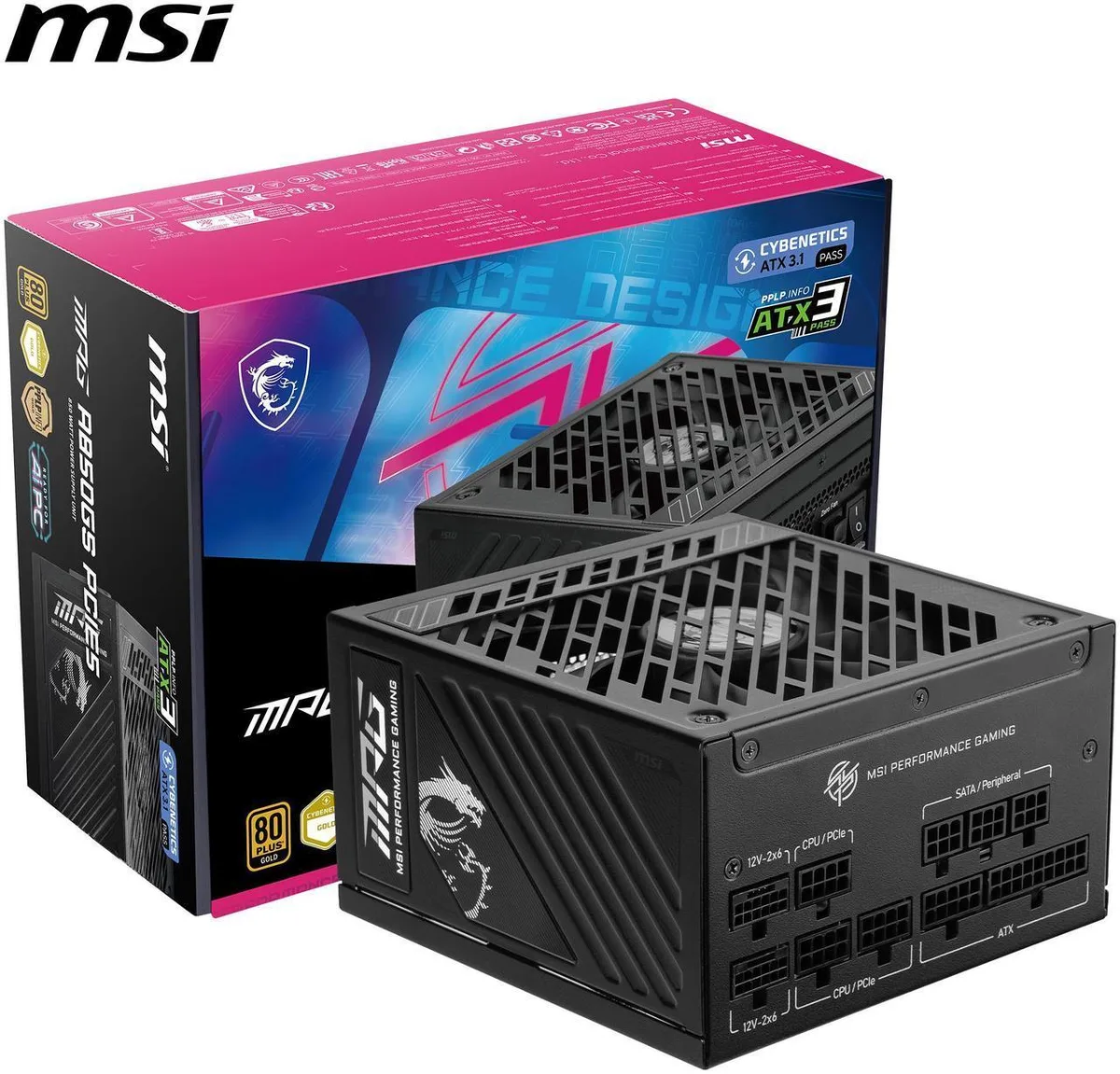 Black rectangular ATX power supply unit with embossed jacket modular cables and a 135 mm fan