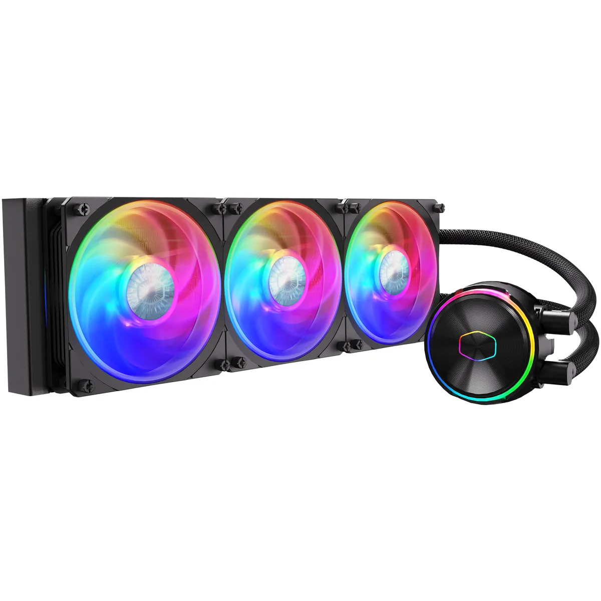 Black 360 mm AIO radiator with three 120 mm ARGB fans and square pump block