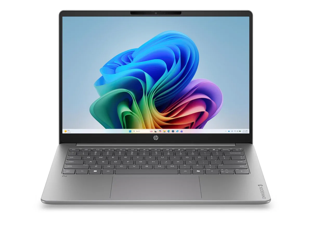 Silver 14-inch OLED laptop with micro-edge display, Snapdragon X processor, 8 GB LPDDR5x memory, 256 GB NVMe SSD