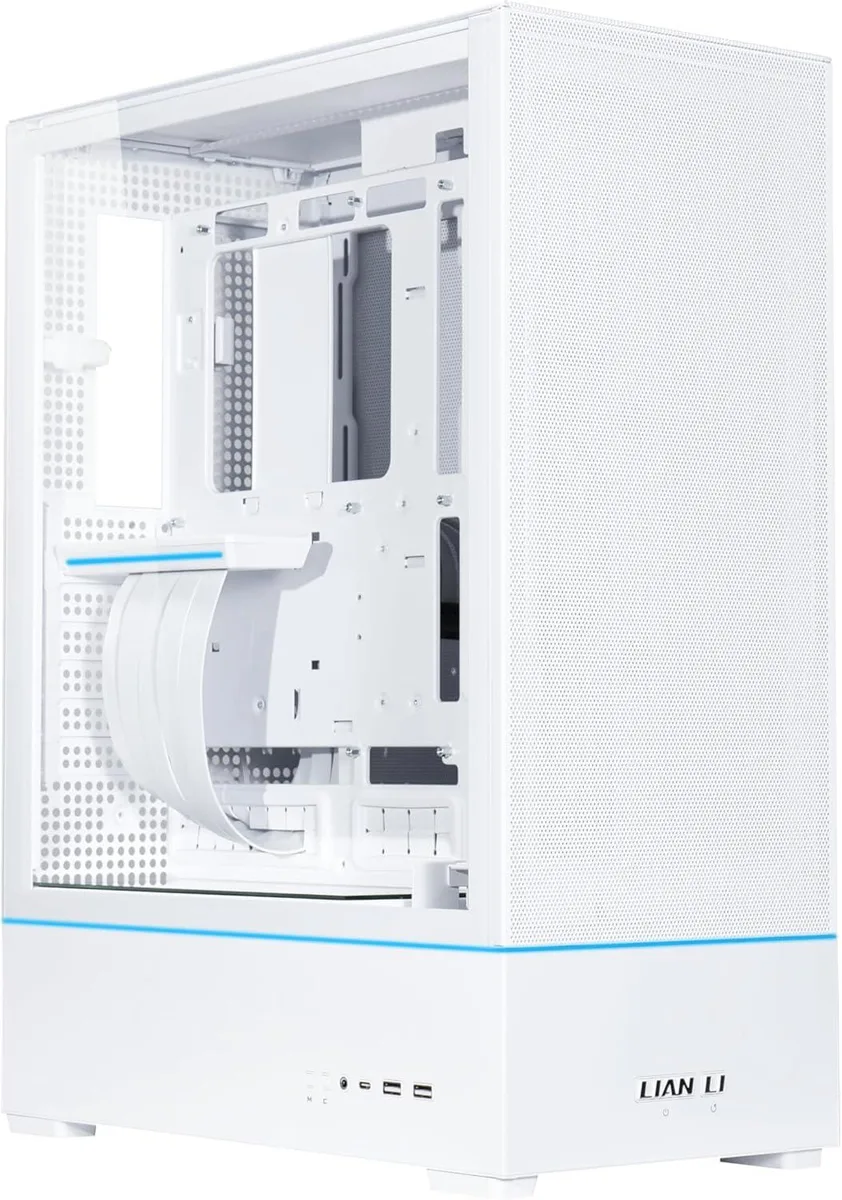 White vertical PC case with three front fans and glass side panel