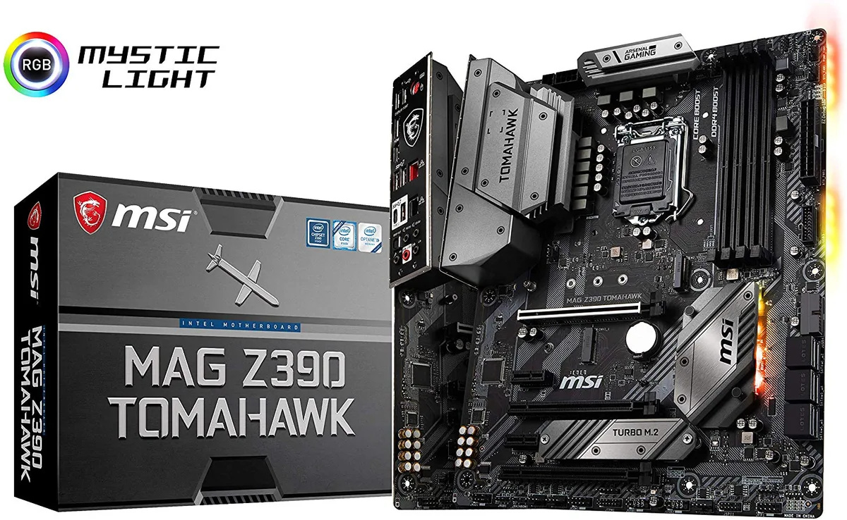 ATX motherboard dark PCB silver heatsinks rear I/O shield