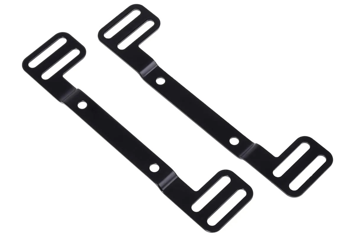 Two black stainless steel brackets with oblong mounting holes for 120 and 140mm fan spacing