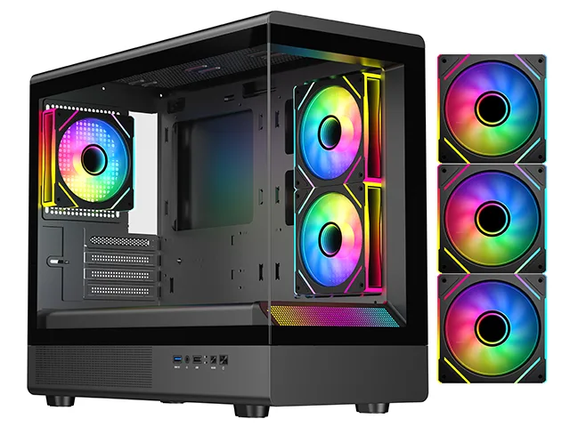 Black Micro-ATX tower with dual tempered glass side panels and three pre-installed ARGB fans visible