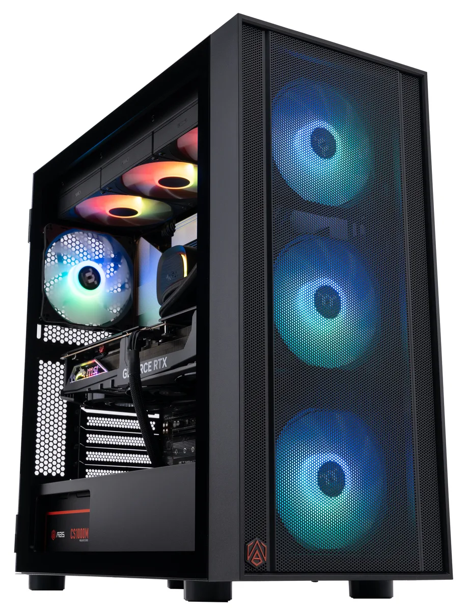 Black micro-tower gaming desktop with RGB liquid cooling visible through glass side panel