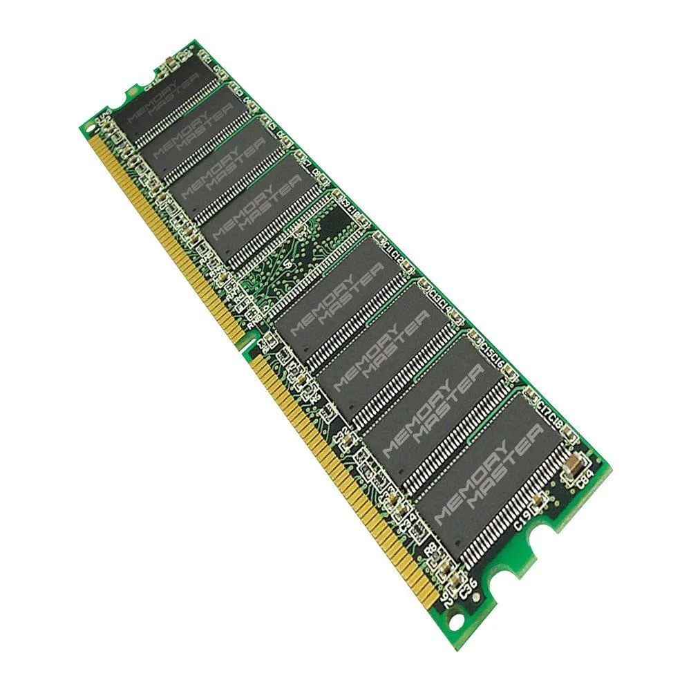 Green circuit board with black memory chips and gold edge connector