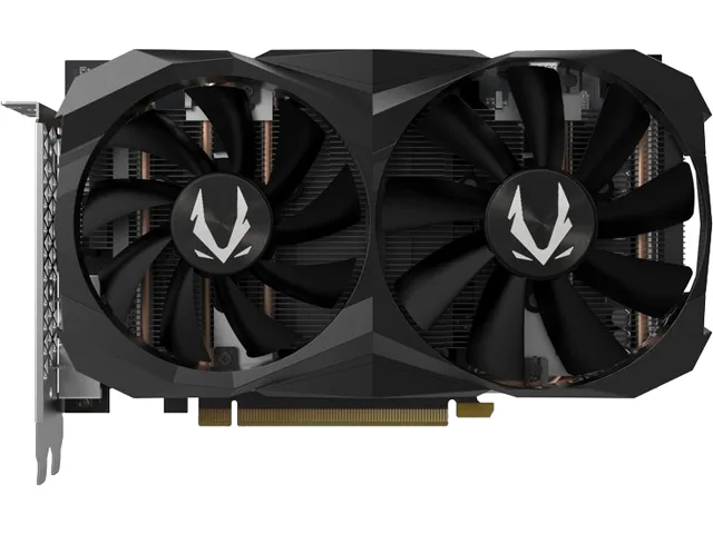 Black dual-slot graphics card with two fans and metal backplate