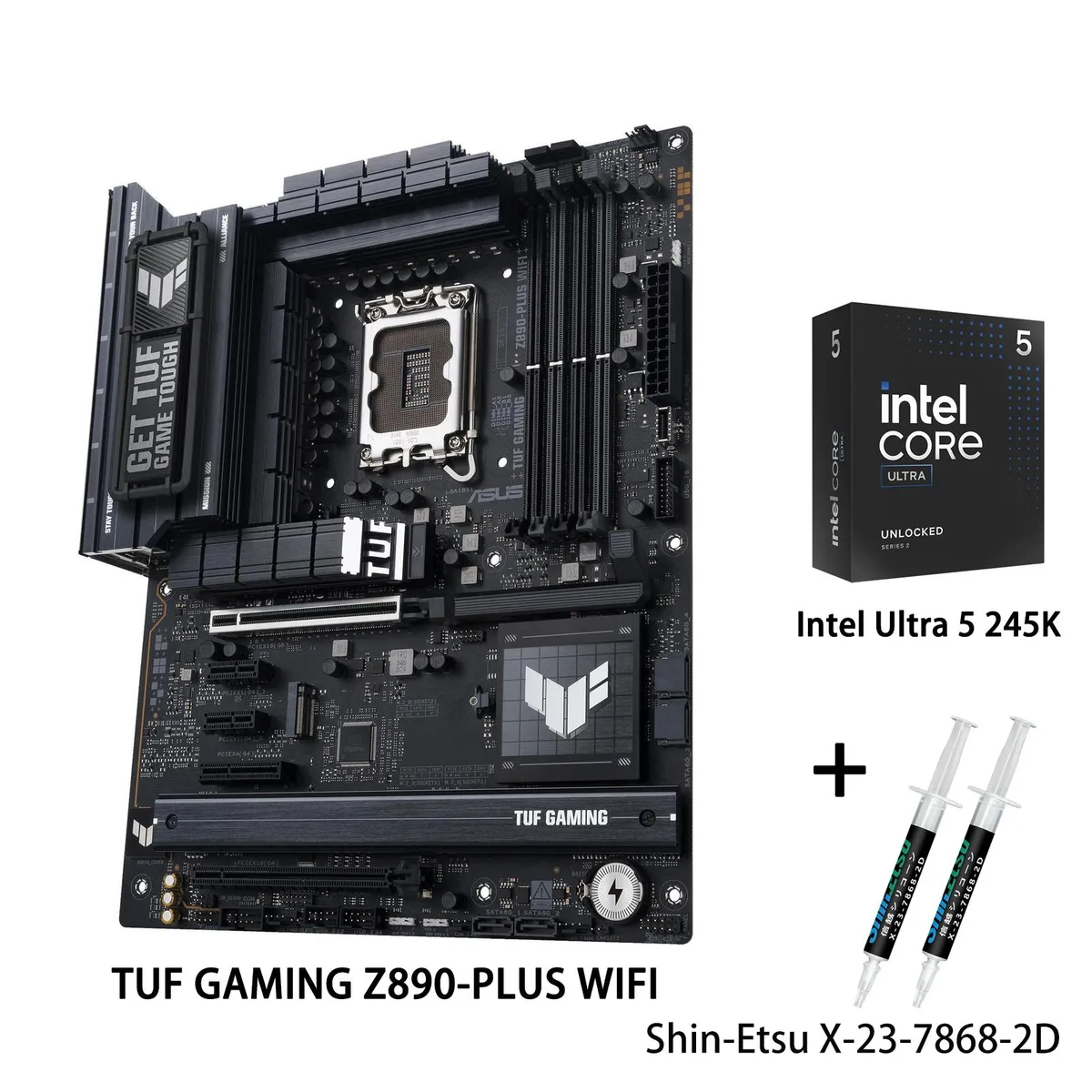 ATX motherboard in grey and black with large VRM heatsinks, CPU installed, boxed together