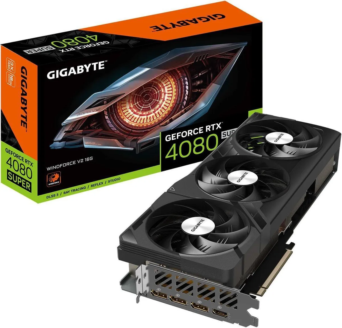 Gigabyte RTX 4080 Super Windforce graphics card with three fans and metal backplate