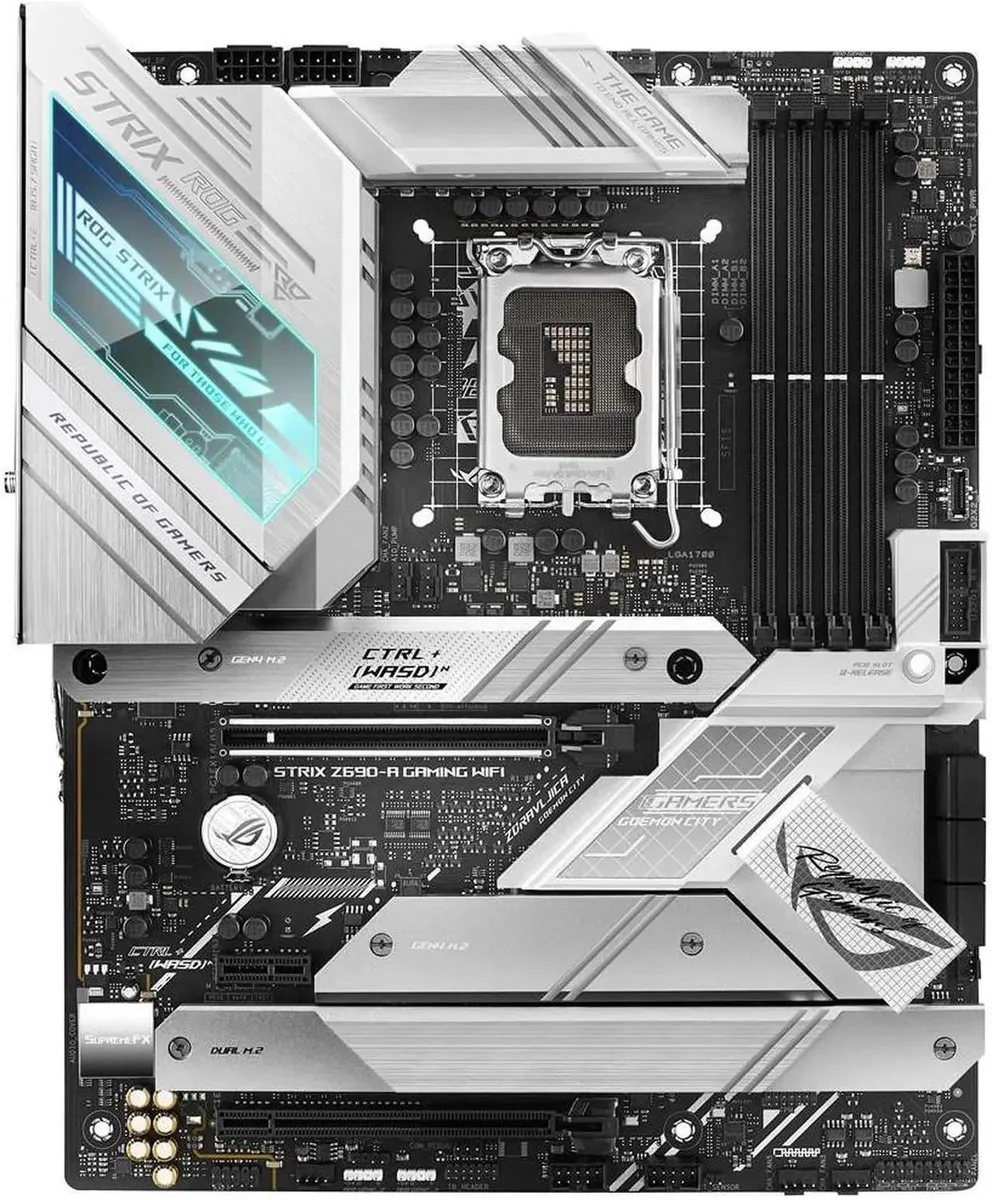 ATX motherboard with silver heatsinks and black PCB