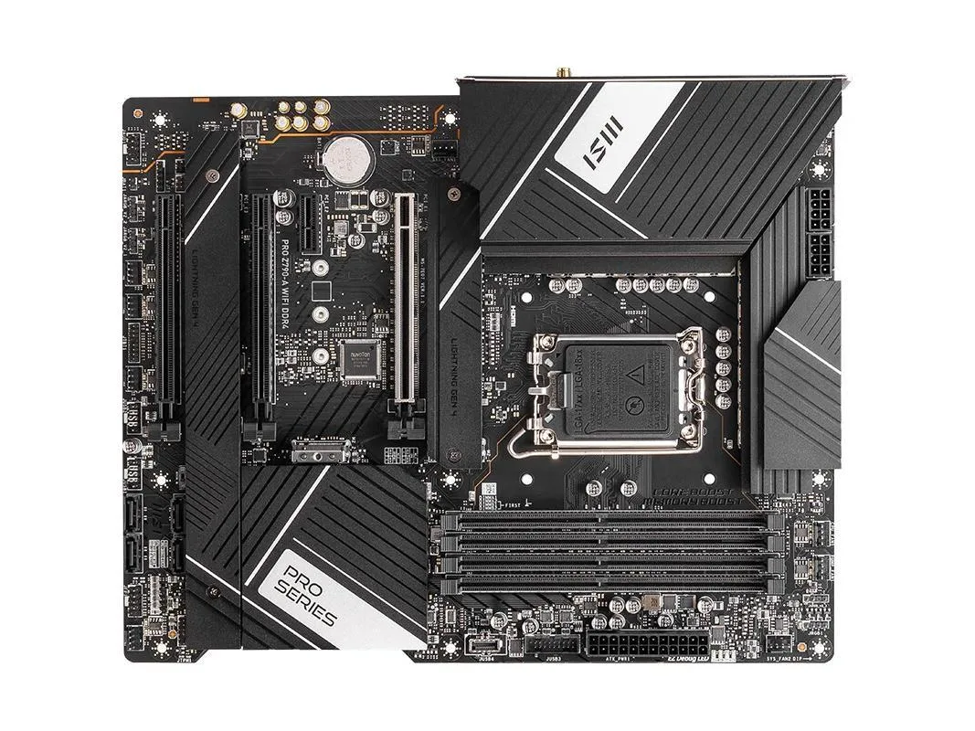 Rectangular ATX motherboard in matte black with silver heatsinks and a rear I/O shield