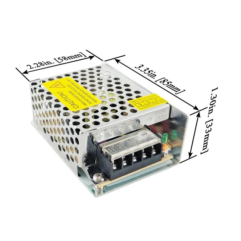 Enclosed metal switching power supply, low-profile 1.5 inch height, built-in fan, screw terminals visible