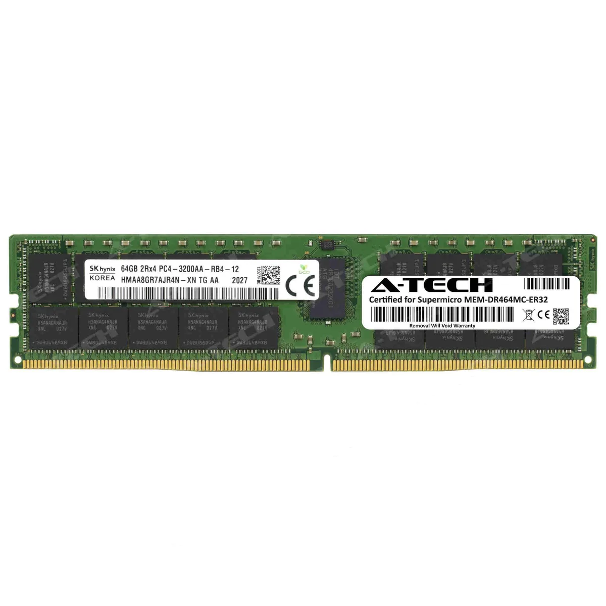Green rectangular DDR4 RDIMM module with black chips and gold contacts
