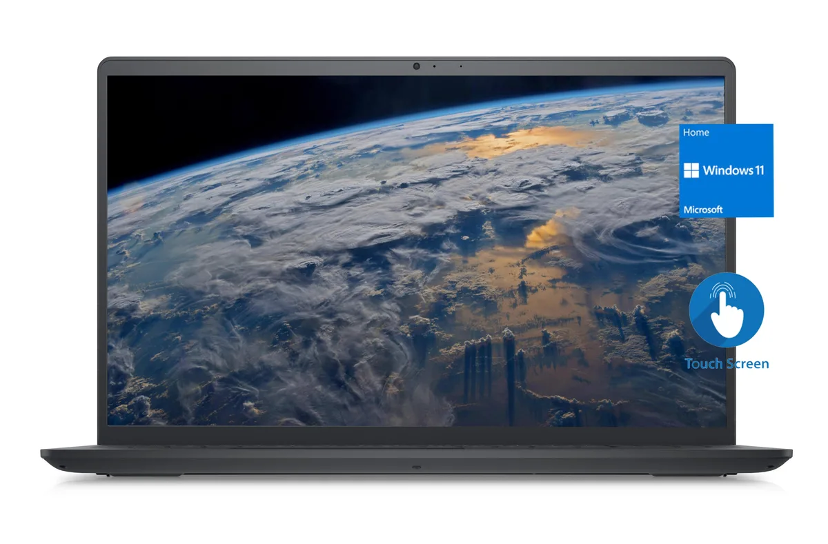 Black Dell Inspiron 15 laptop with 15.6 inch FHD touchscreen closed on flat surface