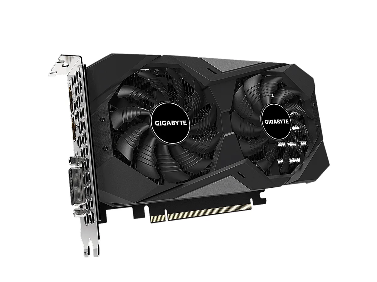 Black dual-fan graphics card with metal backplate, 191 mm long, two-slot design