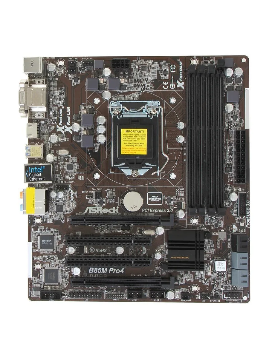 ASRock B85M Pro4 micro-ATX motherboard, black PCB with blue and grey slots
