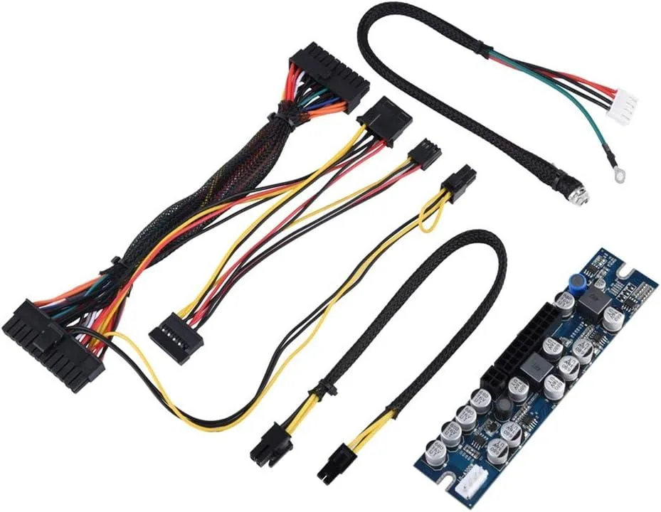 Compact green circuit board module with 24-pin ATX, AUX and SATA cables attached