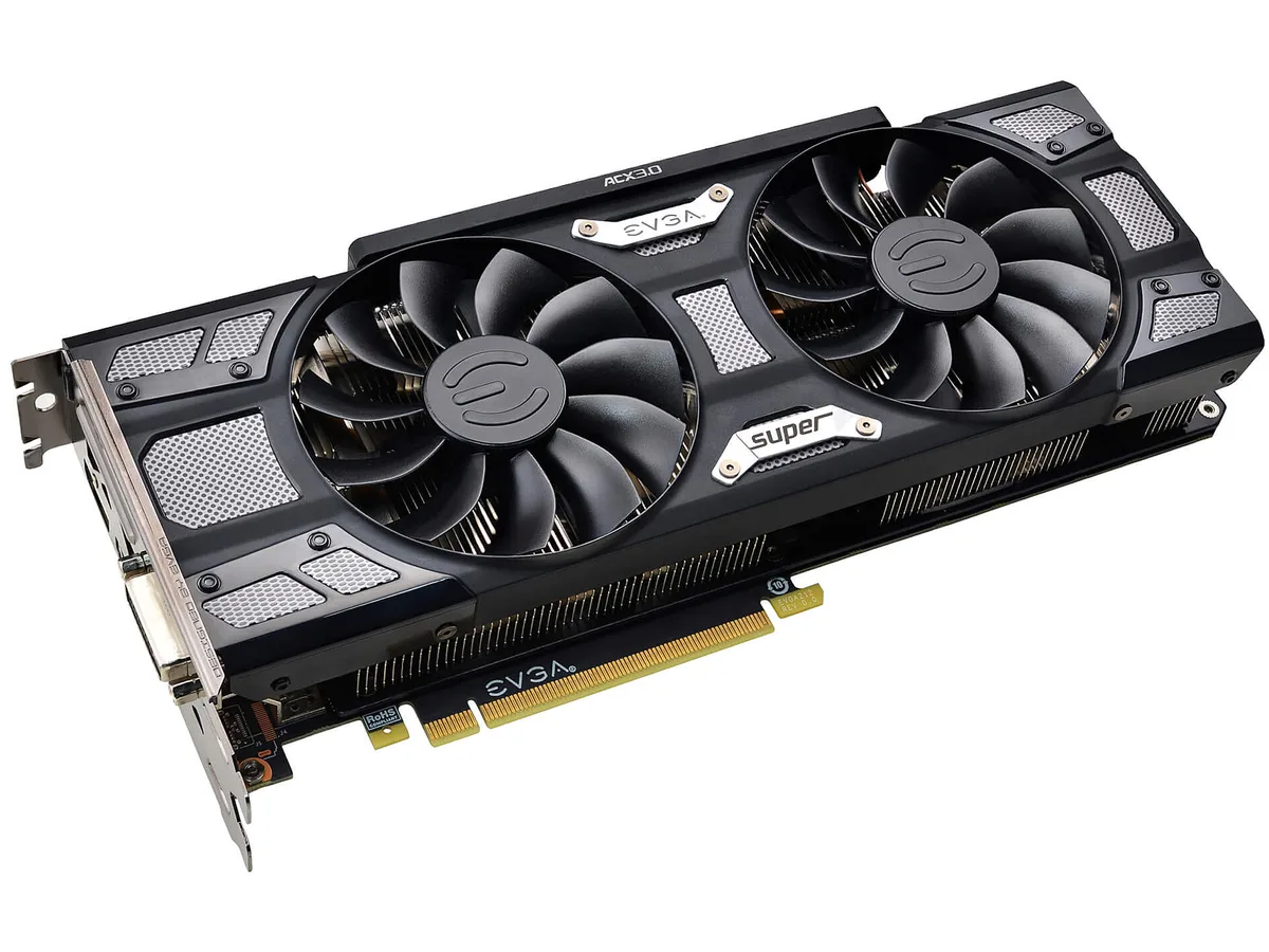 Black dual-fan graphics card, two-slot metal shroud, silver backplate, PCIe 3.0 gold fingers, one HDMI two DisplayPort one DVI