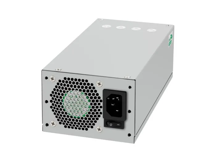 Silver rectangular 2U server power supply with front and rear fans