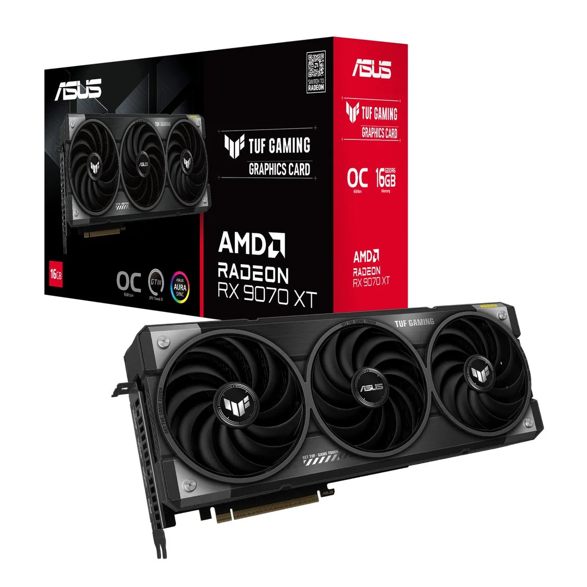 ASUS TUF Gaming Radeon RX 9070 XT graphics card with triple-fan cooler and metal backplate
