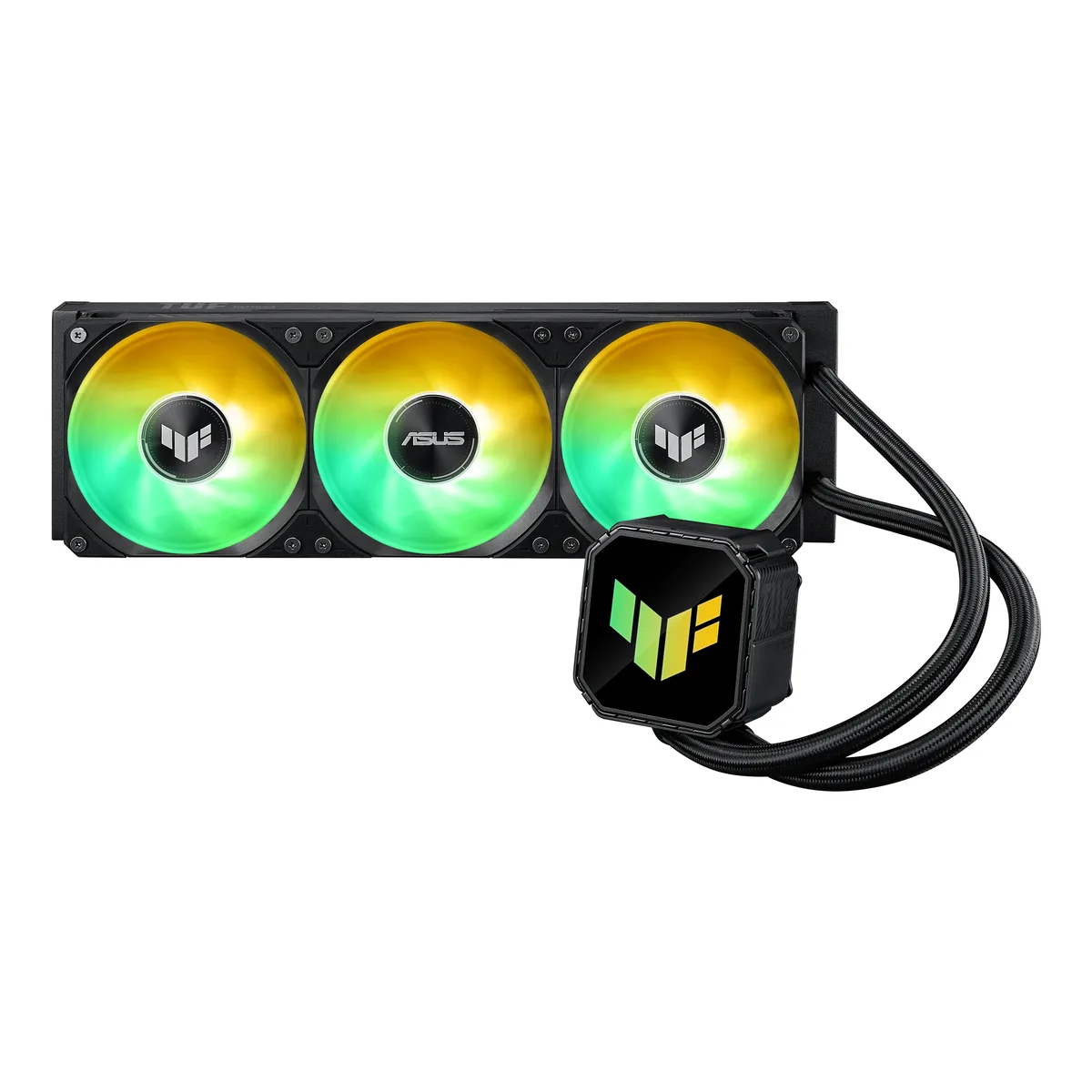 ASUS TUF Gaming LC III 360 ARGB all-in-one liquid cooler with three pre-installed ARGB fans and illuminated pump block