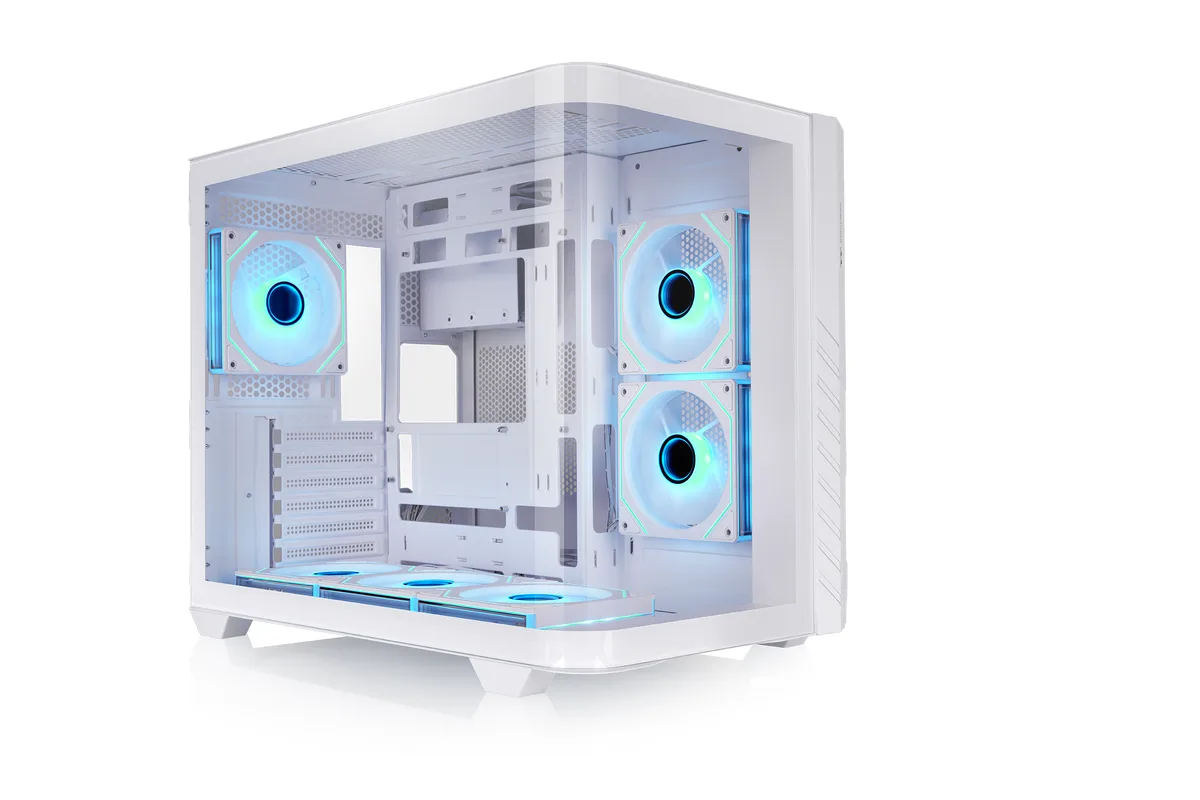 White mid-tower case with curved glass panel and six ARGB fans installed