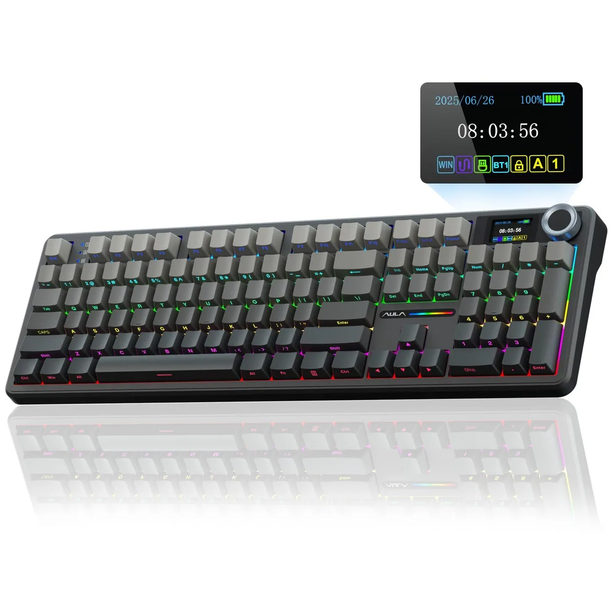 Full-size mechanical keyboard in gradient black with built-in screen and rotary knob