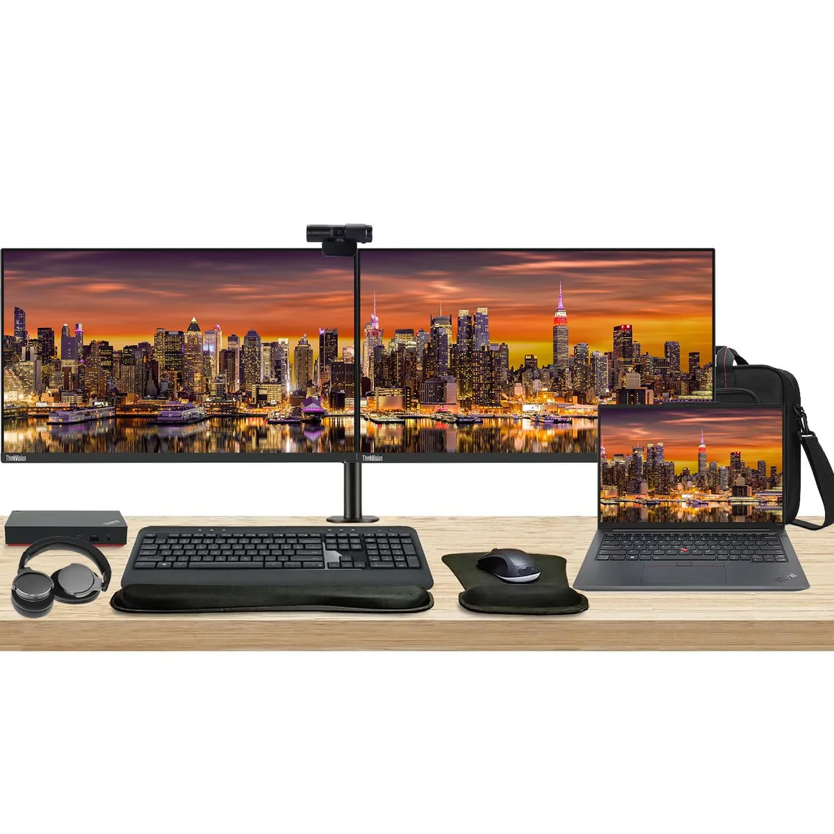 Lenovo ThinkPad E14 Gen 5 laptop with dual 27" ThinkVision monitors on adjustable stand, USB-C dock, wireless keyboard, mouse, webcam