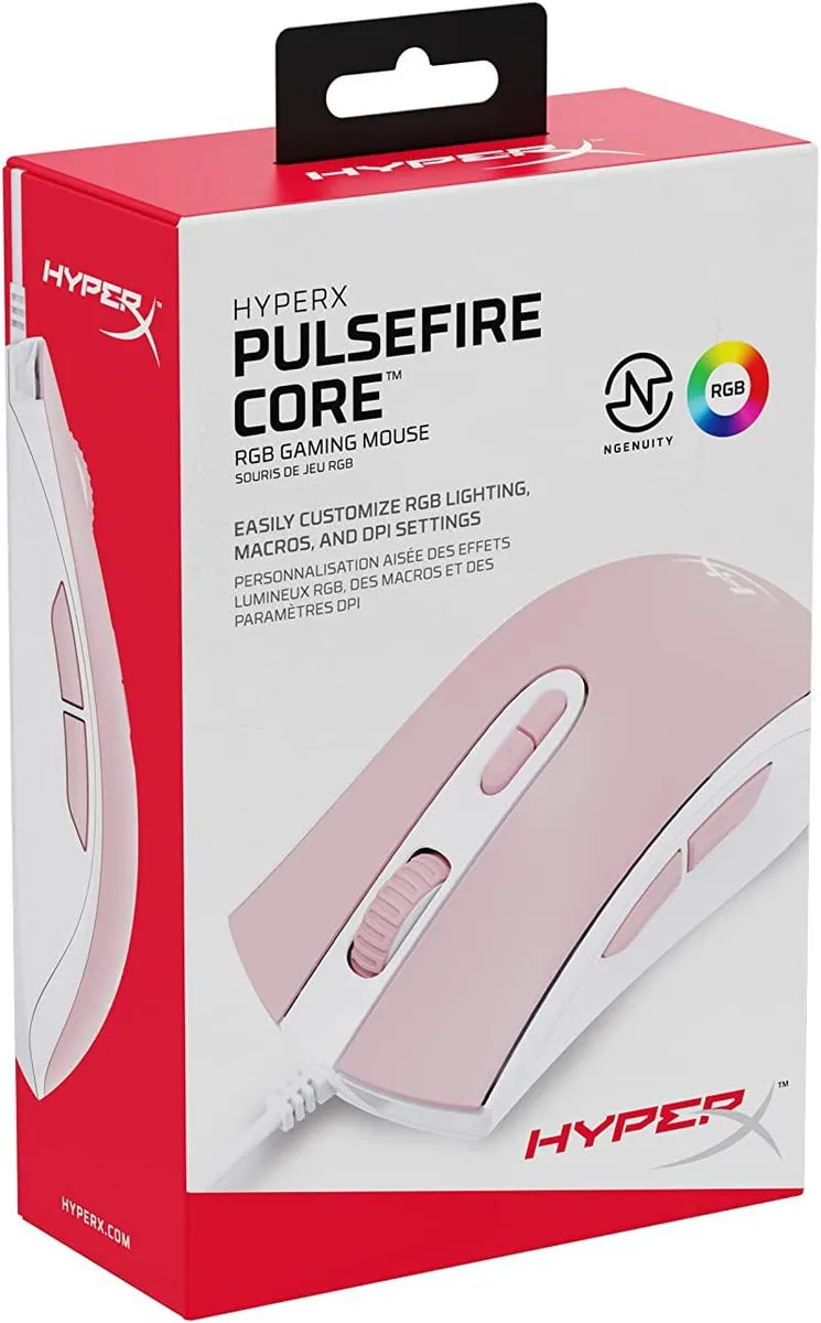White and pink symmetrical gaming mouse with textured side grips and large skates