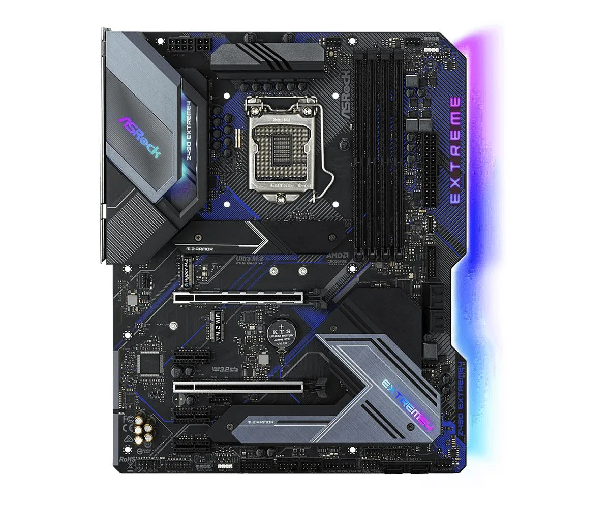 ATX motherboard black PCB silver heatsinks LGA 1200 socket