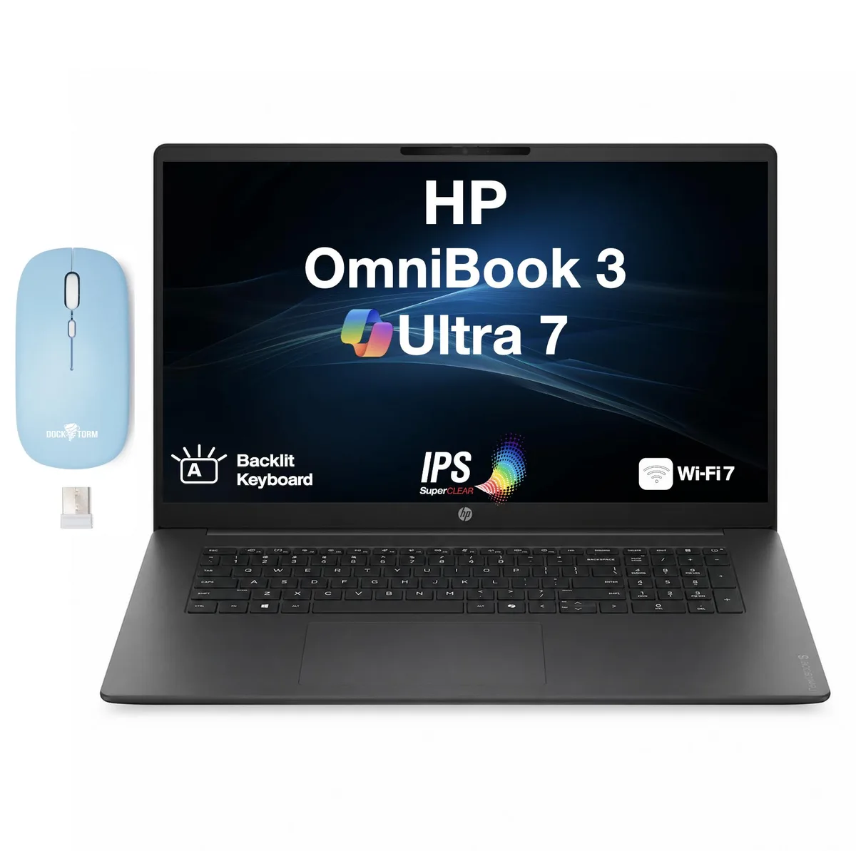 Silver 17.3-inch laptop with backlit keyboard and wireless mouse