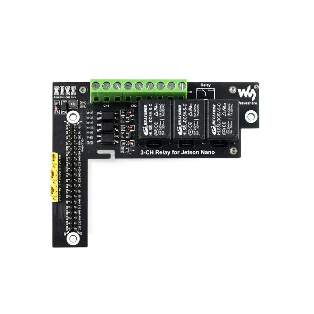 Green PCB relay board with three black cubes, 40-pin header and clear acrylic base