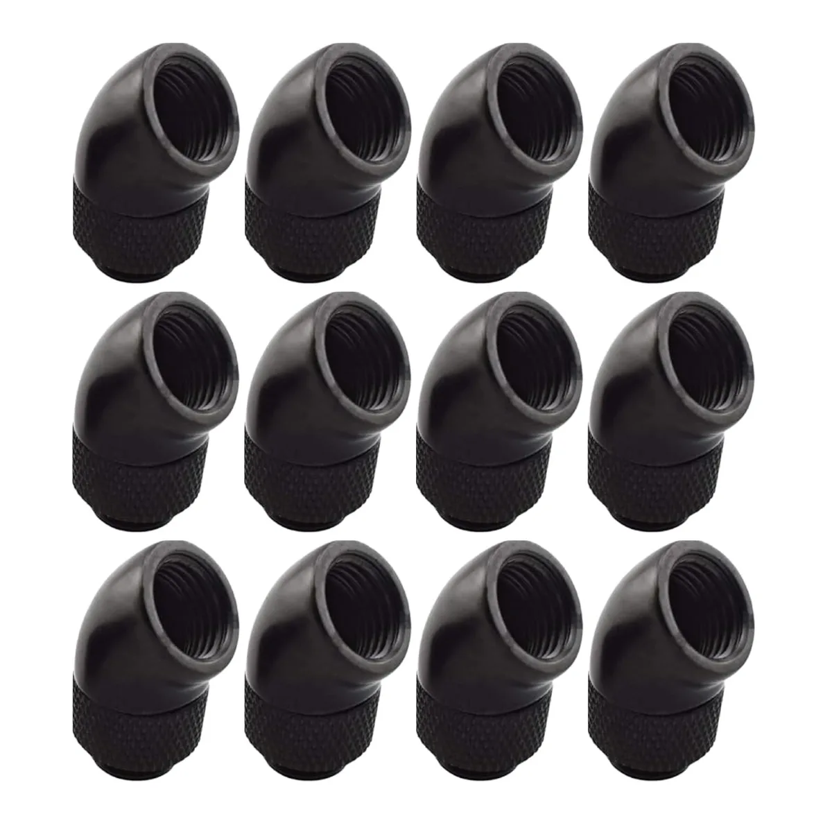 Twelve black nickel-plated brass 45-degree G1/4 rotary fittings with O-rings