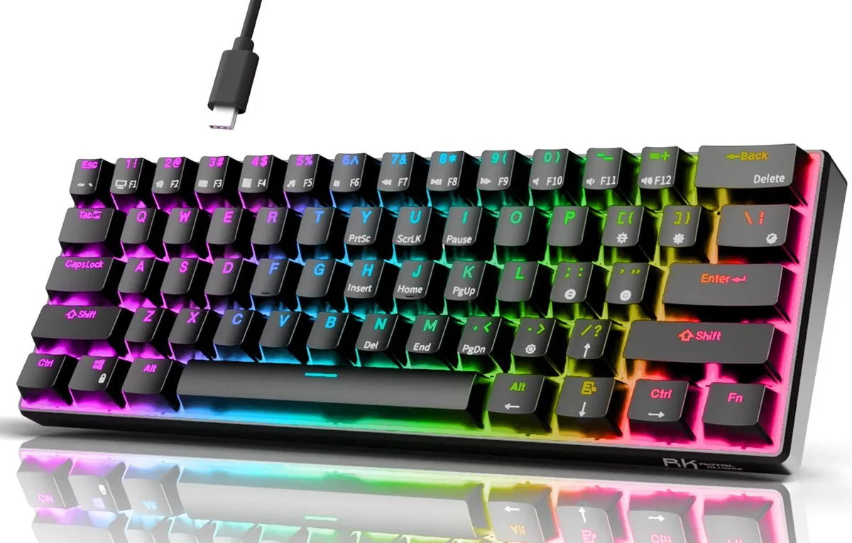 Black ultra-compact 60% mechanical keyboard with 61 keys and RGB backlighting