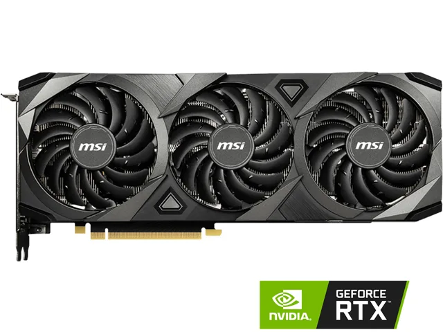 Black triple-fan graphics card with metal backplate