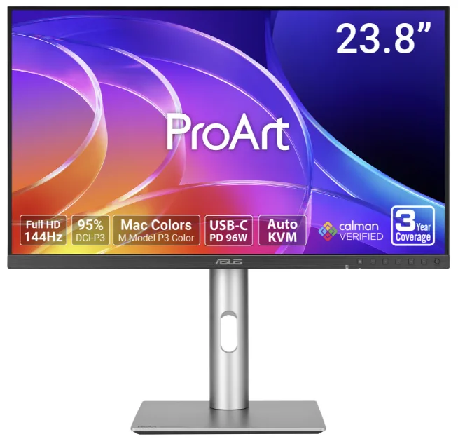 Silver 23.8 inch flat IPS monitor on height adjustable pivot stand, anti glare screen, thin bezels
