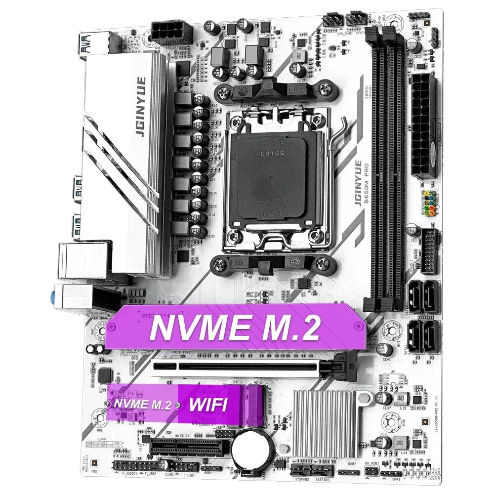 Micro-ATX board in dark finish with two DDR5 slots and two M.2 sockets