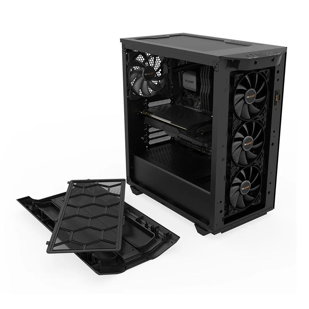 Black mid-tower case with tempered glass side panel, visible RGB liquid cooler and graphics card