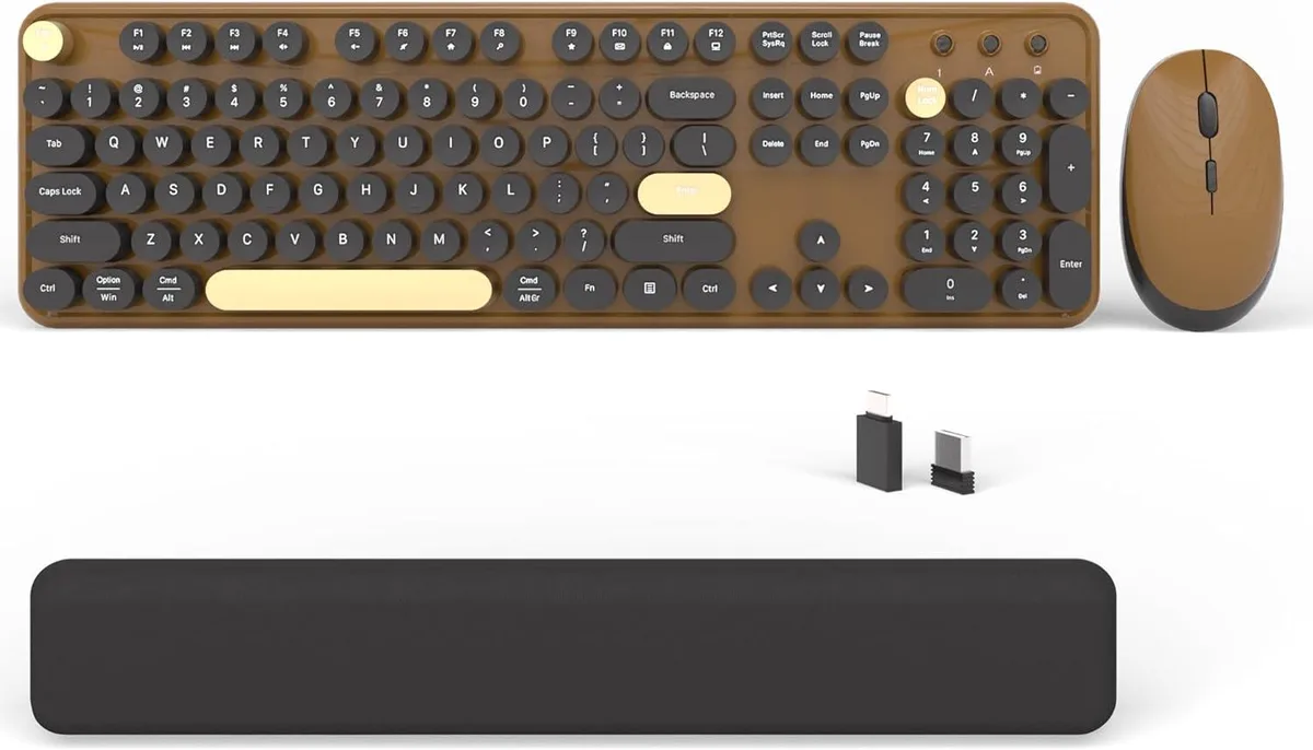 Full-size wireless keyboard and mouse set in black and coffee finish, round retro keycaps with wrist rest