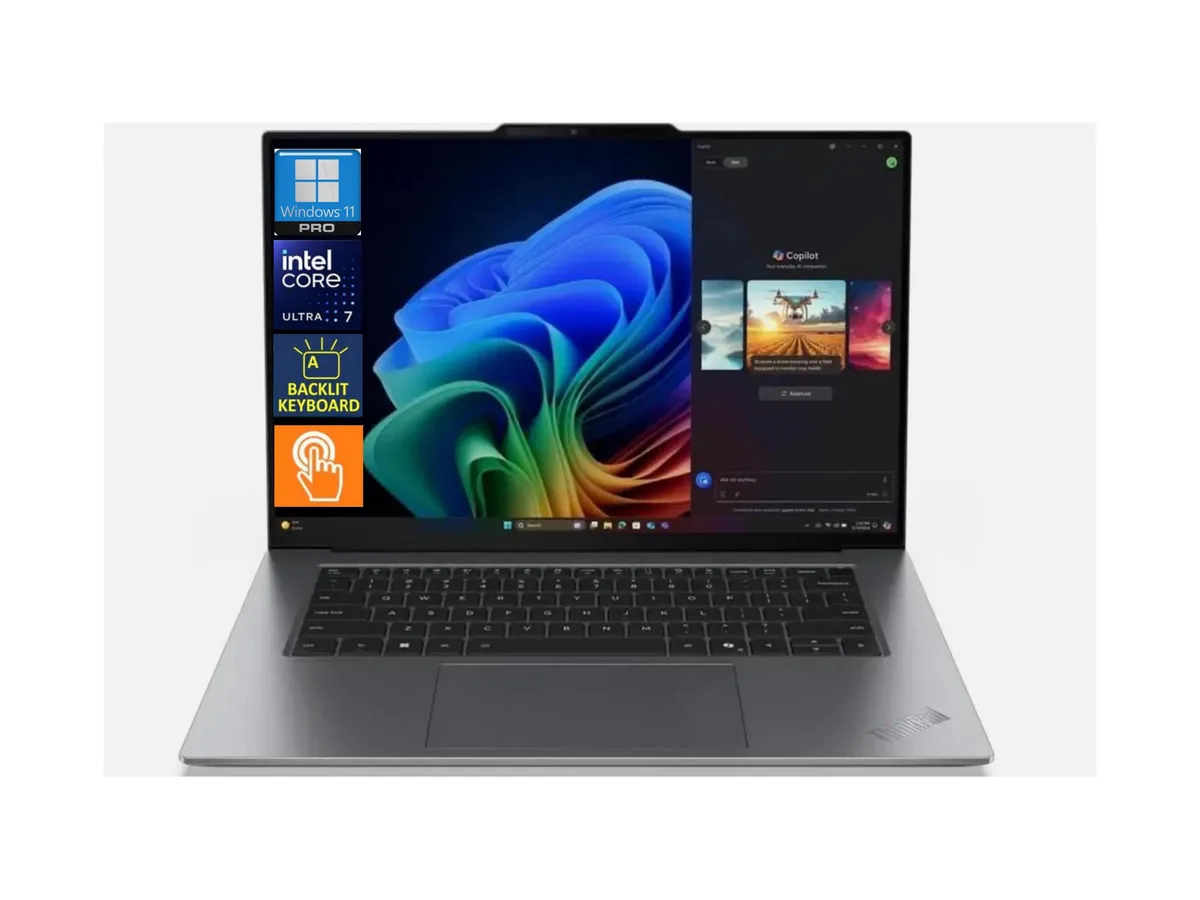 Grey 14 inch touchscreen laptop with slim profile and backlit keyboard